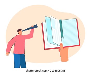 Cartoon man looking at book in huge hand through spyglass. Male character searching for information flat vector illustration. Literature, education concept for banner, website design or landing page