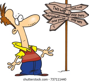 cartoon man looking at a confusing street sign