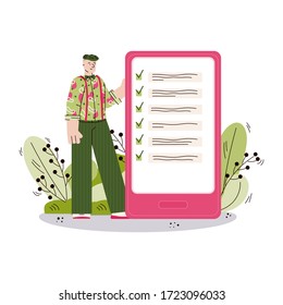 Hombre de caricaturas mirando la lista terminada de hacer en la pantalla del smartphone y sonriendo