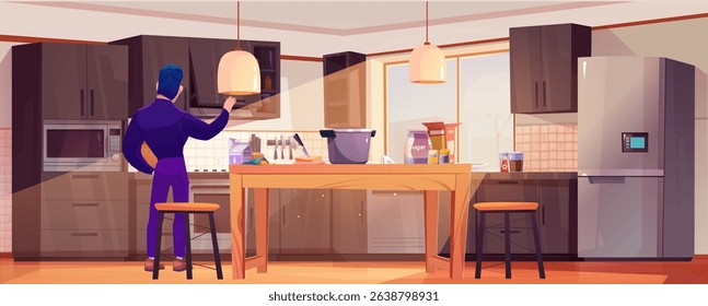 Cartoon man looking inside kitchen cabinet - male character opens dark cupboard in modern home with wooden table and microwave, refrigerator, pendant lights and stools. Cooking space interior.