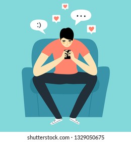 Cartoon man looking on smartphone screen, chatting and putting likes. Social networks  vector illustration for your design.