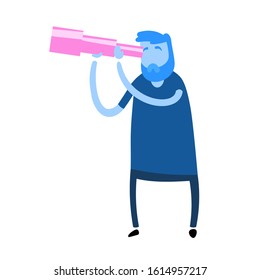 Cartoon man looking through the spyglass. Cartoon design icon. Flat vector illustration. Isolated on white background.
