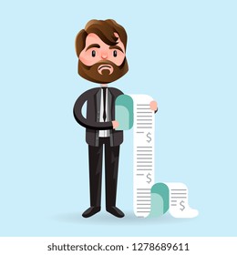Cartoon man looking unhappy while holding long paper bills on blue background