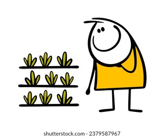 Cartoon man looks at his garden and plants with affection. Vector illustration of cartoon gardener planting vegetables in the ground in spring. Funny person isolated on white background.