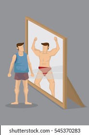 Cartoon man looks into mirror and sees himself as muscular body-builder in reflection. Creative cartoon vector illustration on self perception concept isolated grey background.
