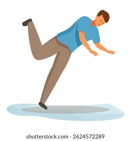 Cartoon man losing his balance on a wet floor and falling down