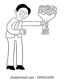 Cartoon man in love giving a bouquet of roses, vector illustration. Black outlined and white colored.