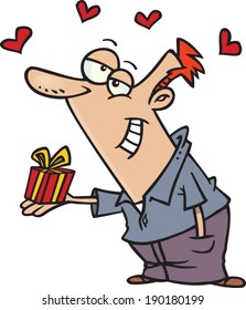 cartoon man in love holding a wrapped present