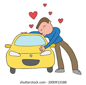 Cartoon man loves his car and hugs and kisses, vector illustration. Colored and black outlines.