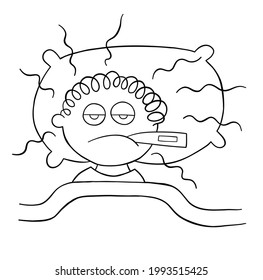 Cartoon man is lying down and has a fever, vector illustration. Black outlined and white colored.