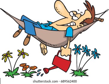 Cartoon Man Lying In A Hammock With A Watering Can