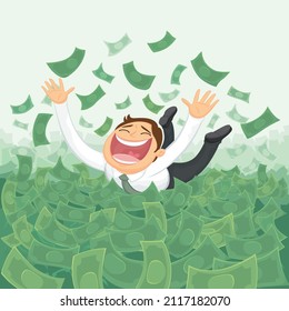 Cartoon a man lying in the money with happiness, illustrator vector cartoon drawing