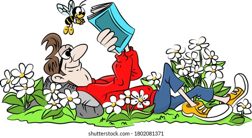 Cartoon man lying on grass reading a book vector illustration