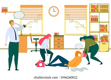Cartoon Man Lying on Office Floor, Woman Worker Help. Businessman Call Ambulance Vector Illustration. Medical Emergency First Aid. Male Employee Faint. Summer Heat Stroke, Heart Attack