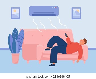 Cartoon man lying on sofa under cold air from conditioner. Male character relaxing on couch at home, air conditioning system in room or house flat vector illustration. Summer, climate concept