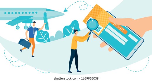 Cartoon Man with Magnifying Glass Scanning QR Code on Boarding Pass for Flight on Huge Mobile Screen in Human Hand.  Vector Illustration