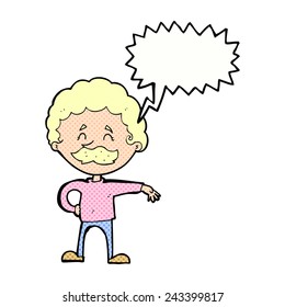 cartoon man making camp gesture with speech bubble