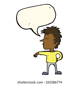 cartoon man making camp gesture with speech bubble