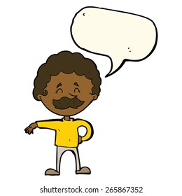 cartoon man making camp gesture with speech bubble