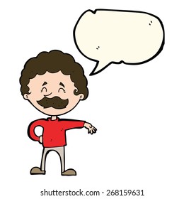 cartoon man making camp gesture with speech bubble
