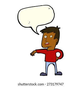 cartoon man making camp gesture with speech bubble