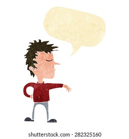 cartoon man making camp gesture with speech bubble