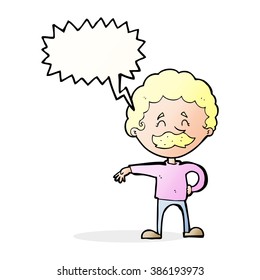 Cartoon-Mann, der eine Zeltgestalt mit Redeblase macht
