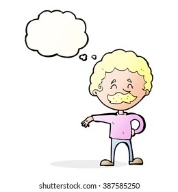 cartoon man making camp gesture with thought bubble