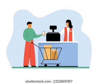 Cartoon man making cashless payment using banking app. Modern and safe digital money transactions. Secure banking services. Vector illustration on blue background