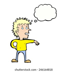 cartoon man making dismissive gesture with thought bubble