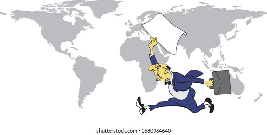 Cartoon Managers Manager läuft unter der Weltkarte mit einem Papier in den Händen.