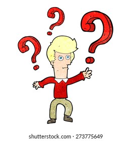 cartoon man with many questions