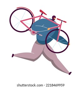 Cartoon man in mask stealing bicycle. Flat vector illustration. Thief holding pink bike, running away, committing crime. Bike theft, law break, criminal concept for banner design or landing page