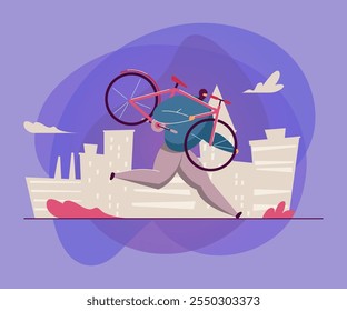 Cartoon man in mask stealing bicycle. Flat vector illustration. Thief holding pink bike, running away, committing crime. Bike theft, law break, criminal concept for banner design or landing page