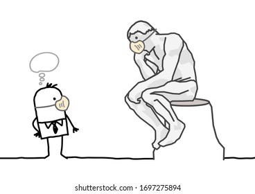 Cartoon man with a mask watching a famous thinking sculpture with a mask