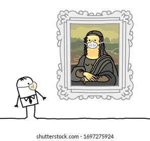 Cartoon man with a mask watching a famous Mona Lisa with a mask