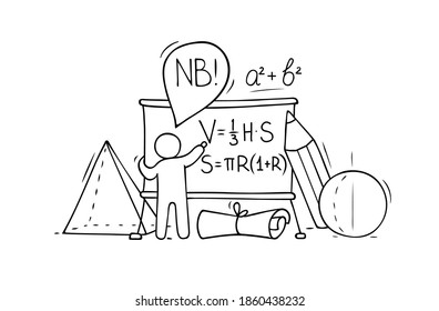 Cartoon man with mathematical objects. Doodle cute concept with geomatric forms. Hand drawn vector illustration for school design.