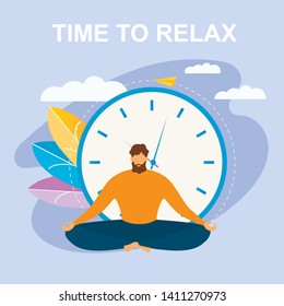 Cartoon Man Meditate in Lotus Position. Time to Relax Vector Illustration. Mind Concentration, Mindfulness Mental Health, Emotional Harmony, Spiritual Practice, Yoga Workout, Stress Relief