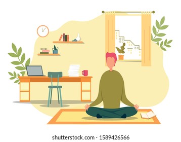 Cartoon Man Meditate Sitting in Lotus Position. Meditation on Floor Carpet at Living Room in Morning Vector Illustration. Relaxation Time, Yoga Practice, Mindfulness, Concentration
