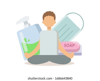 Cartoon man meditating on hygiene products background. Antiseptic bottle, soap, and medical mask meditation concept. Flat vector illustration, isolated on white background