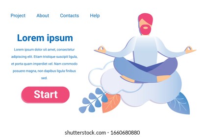 Cartoon Man Meditating at Work Vector Illustration. Businessman in Lotus Position in Clouds Banner. Yoga Practice Workplace Meditation Time Break. Stress Relief Emotion Control Concentration