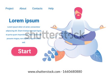 Cartoon Man Meditating at Work Vector Illustration. Businessman in Lotus Position in Clouds Banner. Yoga Practice Workplace Meditation Time Break. Stress Relief Emotion Control Concentration