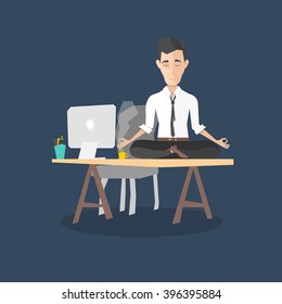 cartoon man meditation in office. yoga at job. young man relaxing in lotus position on table with computer at work