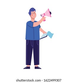 cartoon man with megaphone and clipboard over white background, colorful design, vector illustration