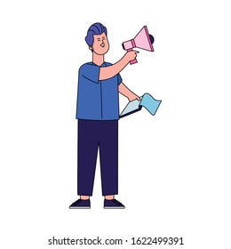 cartoon man with megaphone and clipboard over white background, vector illustration