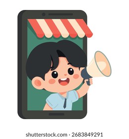 Cartoon Mann mit Megaphon Inside Smartphone Konzept