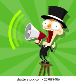 Cartoon man and megaphone on chair - vector illustration