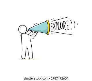 Cartoon man with megaphone shouting word Explore. Hand drawn vector illustration for business design and infographic.
