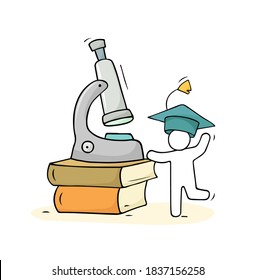 Cartoon man with microscope and books. Doodle cute icon for education. Hand drawn cartoon vector illustration .