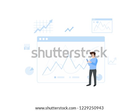 Cartoon man with modern smartphone poster. Young businessman using cellphone for work vector illustration. Boy creating graph chart and diagram with device. Online marketing business education concept